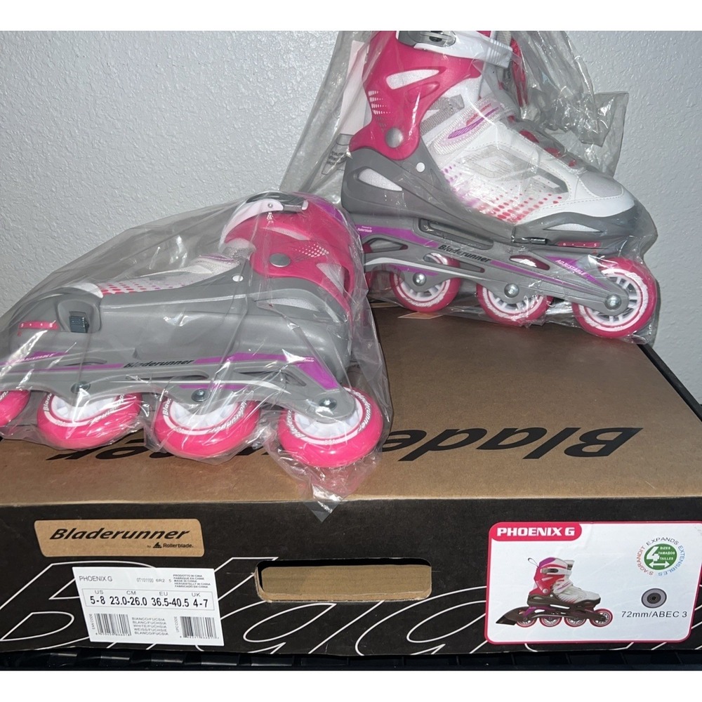 Bladerunner Phoenix G Inline Skates Girls 5-8 White Fuchsia New Adjustable 72mm